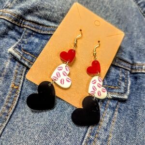 Heart Drop Earrings with Red, Black, and White Accents